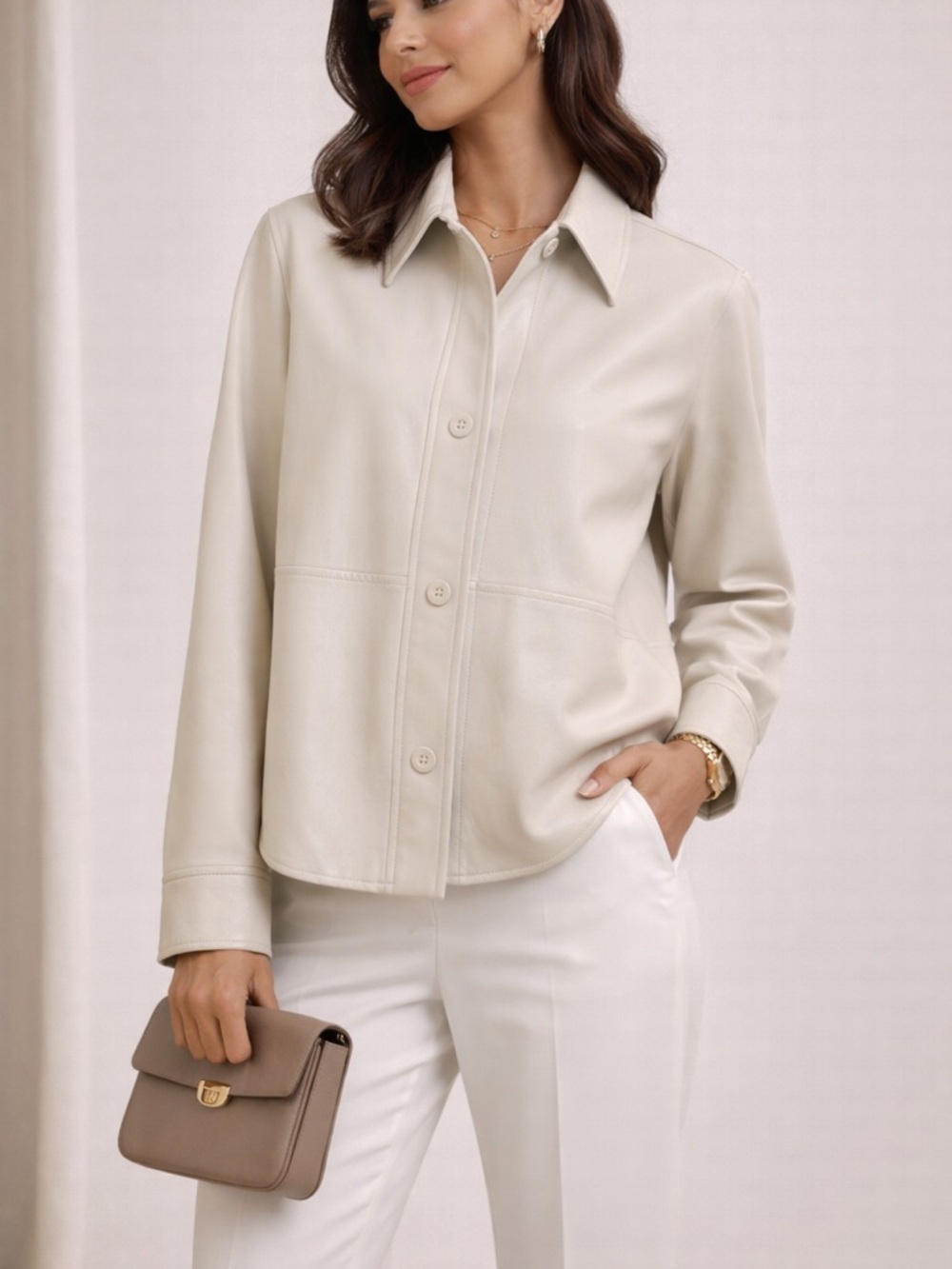 BABATON Aritzia Faux SOFT Leather Shirt Jacket Cream | Minimalist Luxury S/M